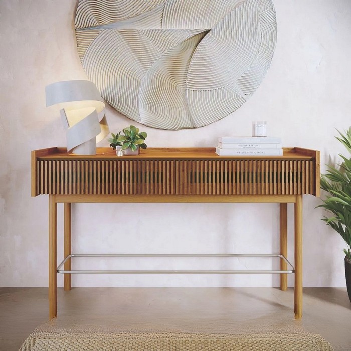 Aparador Dune Ripado 140cm Nature 2 Gavetas Fecho Toque Madeira Maciça Corrediças Telescópicas Tampo Bandeja - Imcal