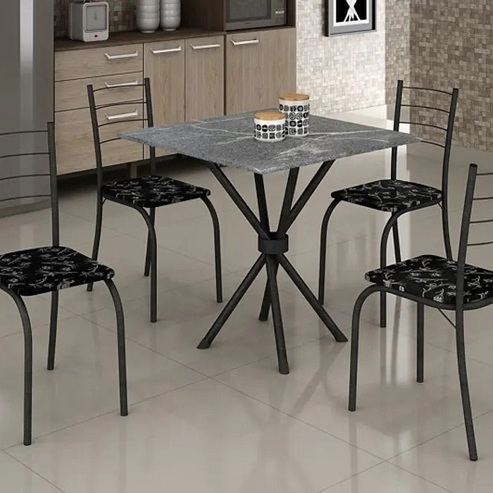 Conjunto de Mesa Teixeira Rio com 4 Cadeiras Base Ipanema Prata Granito 70x70 