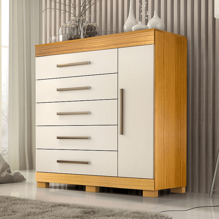 Cômoda em MDF 5 gavetas com Sapateira ACP Móveis Alissa Nature/Off White