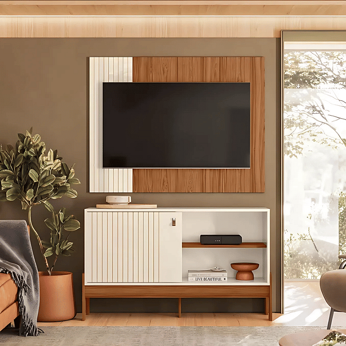 Combo Rack Painel Wood 1.2 Mobler Pérola Metalizado/Cinamomo Mel