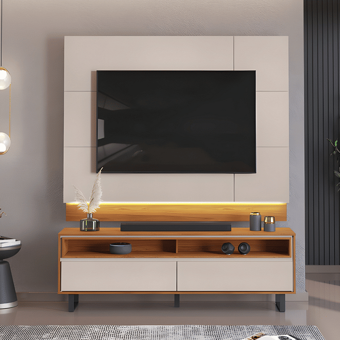 Rack com Painel TV até 65 Polegadas Antares Off White/Freijó - DJ Móveis