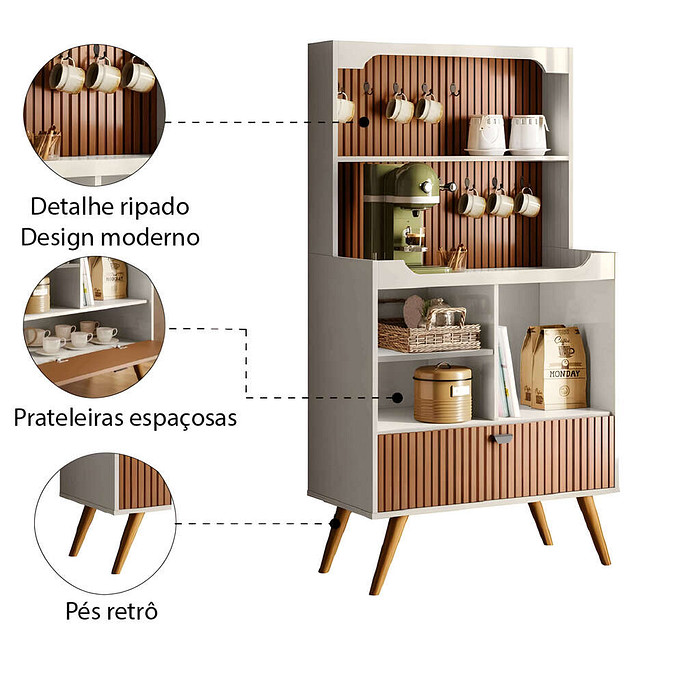 Aparador para Sala Cantinho do Café Rubi 1 Porta 3 Nichos Ripado 3D Pés Retrô Off White/Tauari 3D Lukaliam