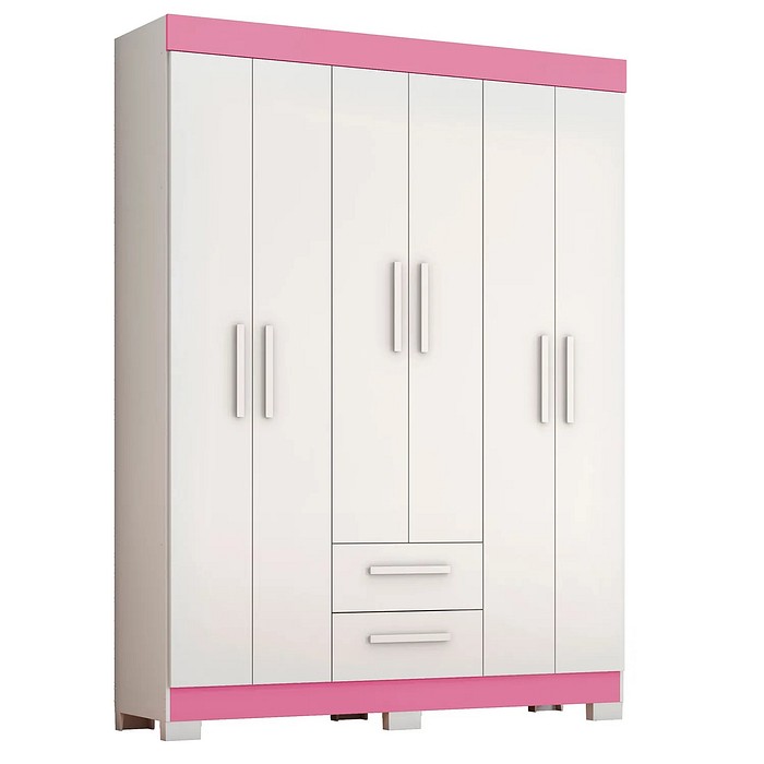 Guarda-Roupa Solteiro 6 Portas 2 Gavetas NT 6015 Notável - Branco/Rosa Flex