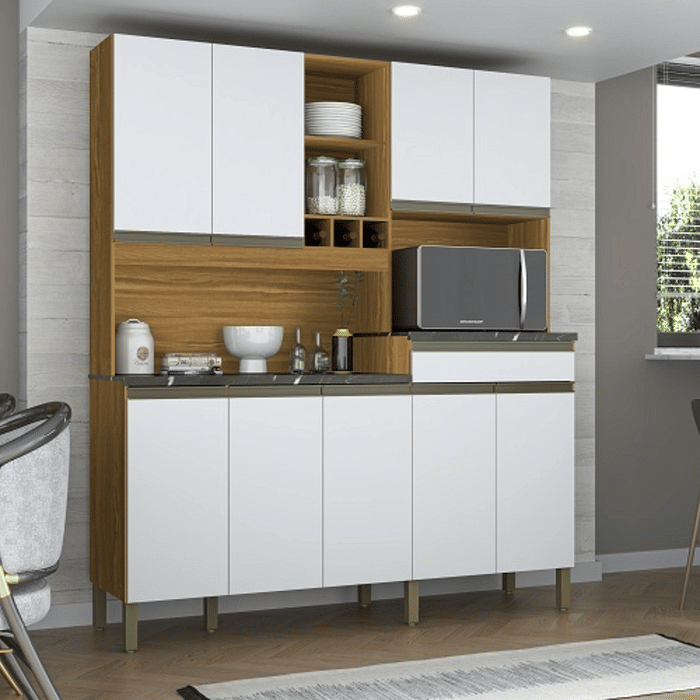Armário de Cozinha Kit em MDF 9 Portas 1 Gaveta Ronipa Merlot Perfil Amendoa/Branco