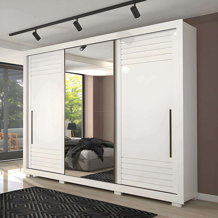 Guarda-Roupa Casal Com Espelho 3 Portas de Correr em MDF Panan Móveis Vitória Branco