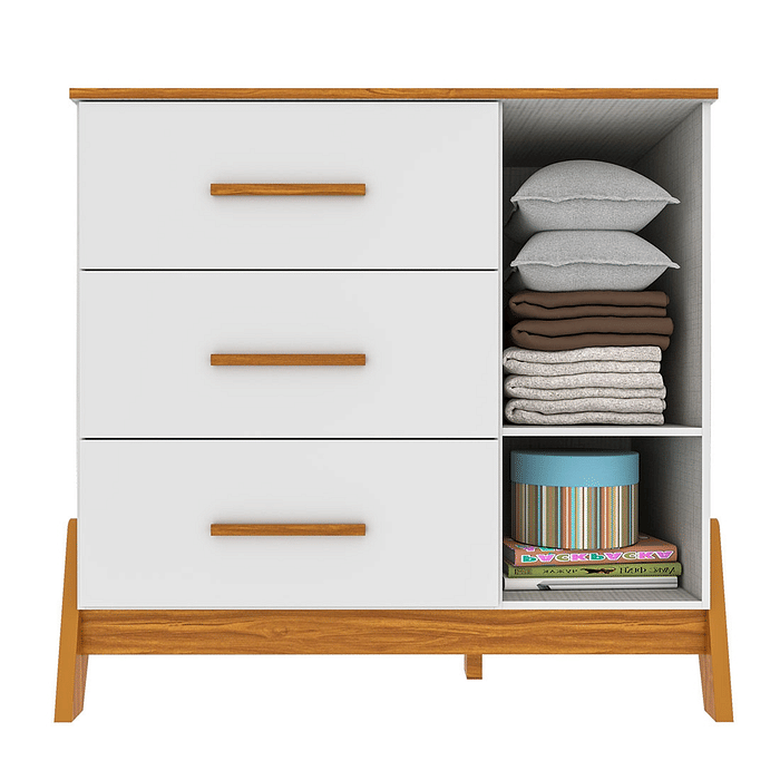 Cômoda Guti 100% MDF, 1 Porta, 3 Gavetas Branco/Amendoa - Peroba