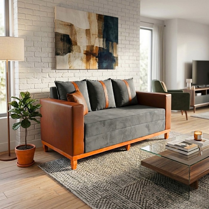 Sofá Montreal 1.60 2 Lugares Braço Couro Sintético - Veludo Cinza