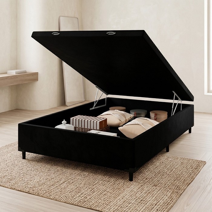Base Baú Blindado Luxo Casal 138x188x42 cm Pistões Pneumáticos - Preta