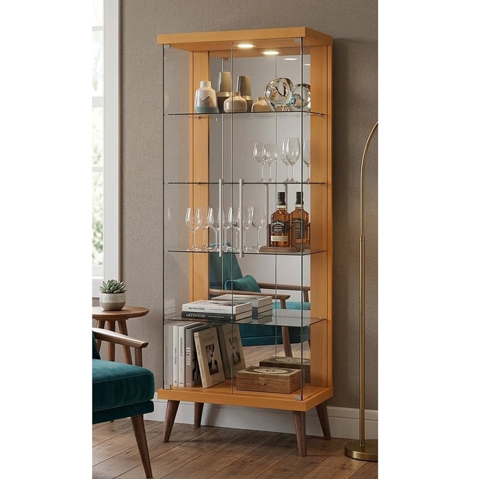 Cristaleira Tiffany 75cm Imcal Nature 4 Prateleiras Vidro LED Integrado Pés Retrô Madeira Maciça