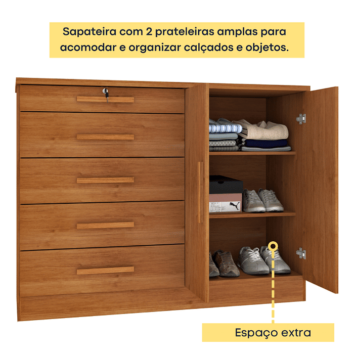 Cômoda Istambul com Sapateira 5 Gavetas e Chave , Cinamomo - Tcil Móveis