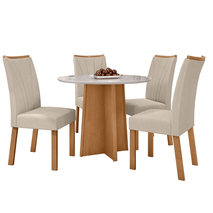 Mesa de Jantar Celebrare Redonda 1x1 com 4 Cadeiras Apogeu - Lopas Amendoa/Off White