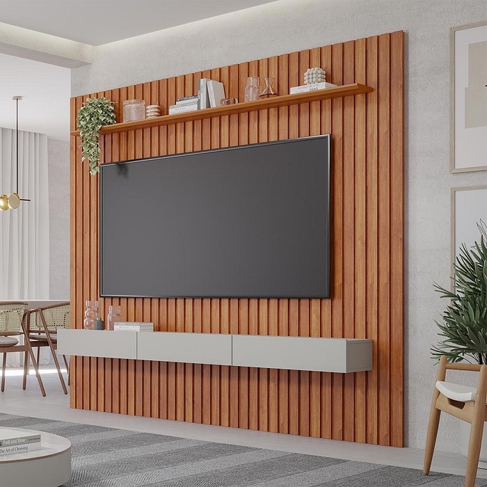 Painel Ripado para TV 75 Polegadas em MDF Permóbili Maragogi 230cm Cinamomo/Off White