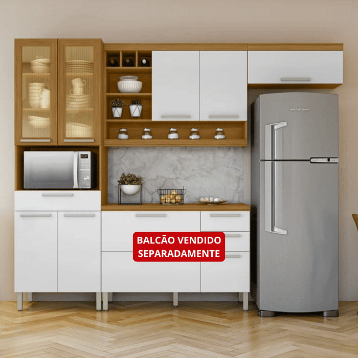 Cozinha 3 Peças 100% MDF Nesher Burguesa Premium - Freijó/Branco