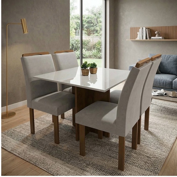 Sala de Jantar Mesa Salinas Tampo com Vidro 90x90 e 4 Cadeiras Londres - Cinamomo/Off White