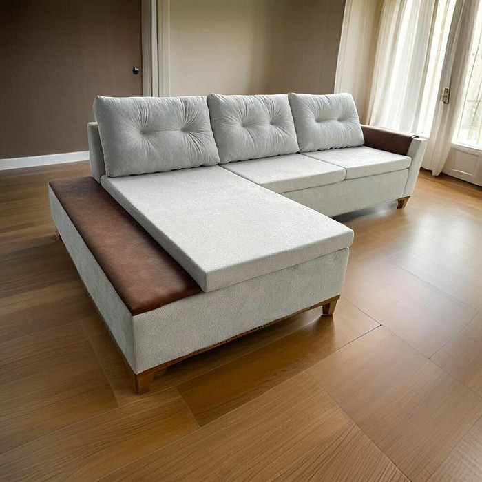 Sofá Chaise Living Bari com Deck Tecido Boucle Bege Detalhe em Couro - Malu Estofados