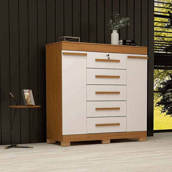 Comoda 5 Gavetas com Sapateira 100% MDF Diana ACP Cinamomo/Off White