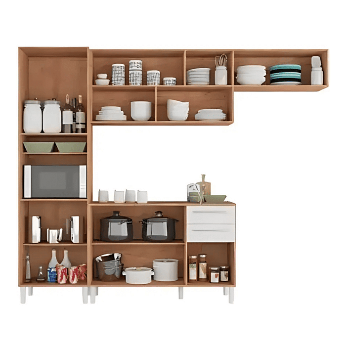 Cozinha Completa em MDF Carmenere, Paneleiro + Aéreo + Balcão Amendoa/Off White -  Ronipa 