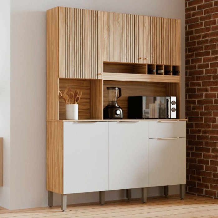 Armário de Cozinha Kit 6 Portas 1 Gaveta 100% MDF  Ronipa Moscato Amendoa/Off White