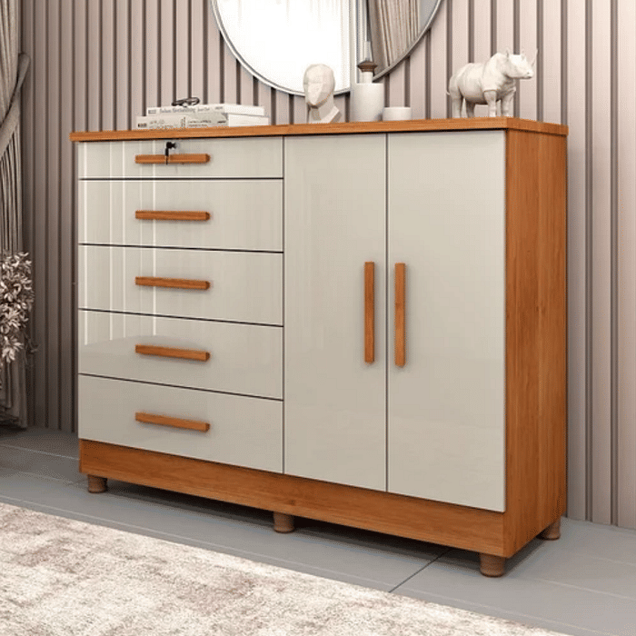 Cômoda Istambul com Sapateira 5 Gavetas e Chave , Cinamomo/Off White - Tcil Móveis