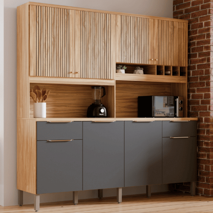 Armário de Cozinha Kit Ronipa MDF Concord 8 Portas 2 Gavetas Amêndoa/Chumbo