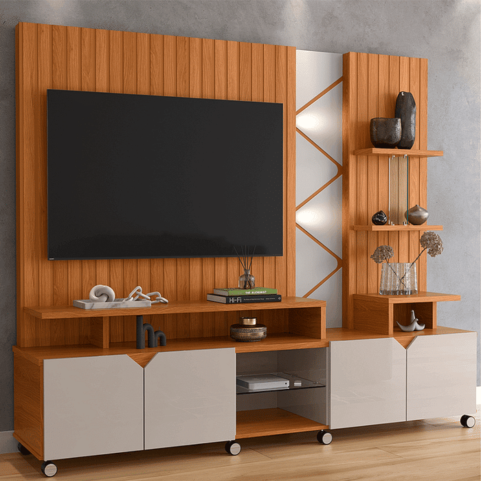 Estante Home TV de até 55 Polegadas com LED Cross cor Frisado Jequitiba/Off White - Lukaliam