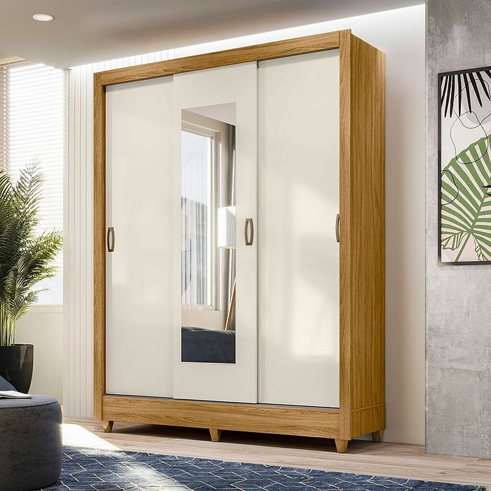 Guarda-Roupa com Espelho 3 Portas de Correr Bolívia Freijó/Off White - Moval