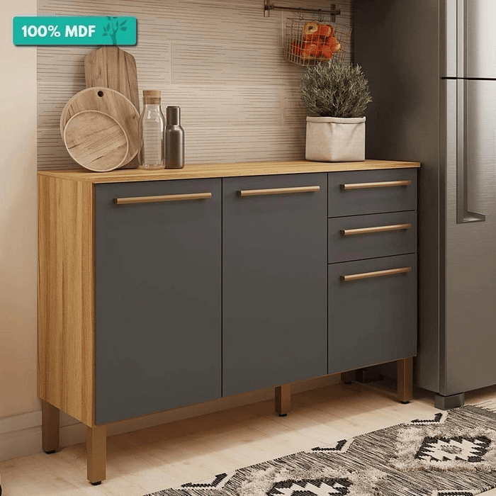 Balcão de Cozinha com Tampo em MDF 3 Portas 2 Gavetas Ronipa Carmenere 120cm Amendoa/Chumbo