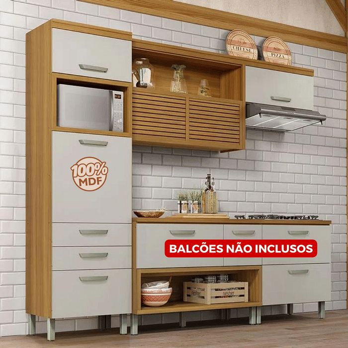 Cozinha Modulada em MDF Nesher 2 Peças Princesa Freijó/Off White