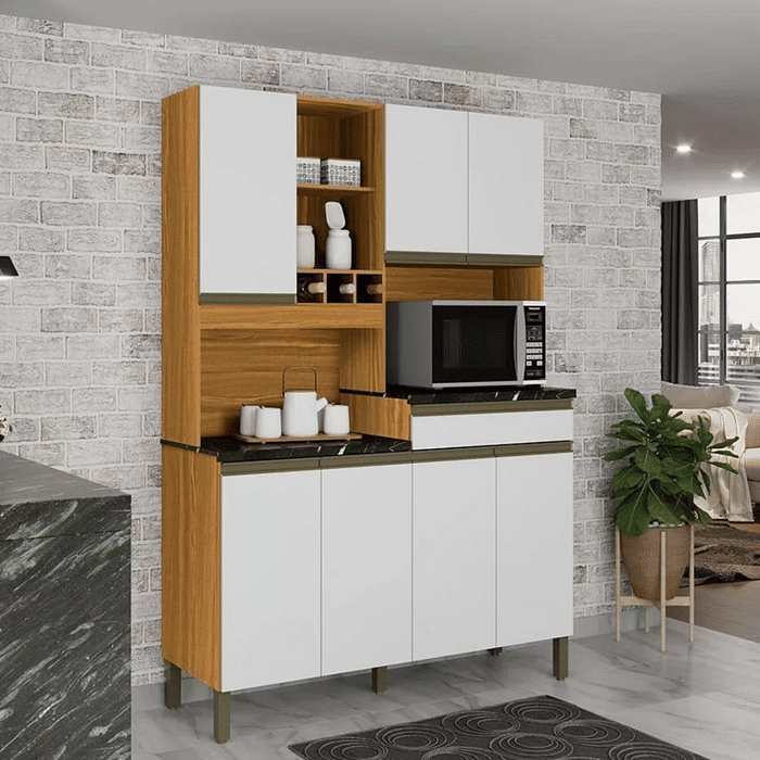 Armário de Cozinha Kit em MDF 7 Portas 1 Gaveta Ronipa Verdot Perfil Amendoa/Branco