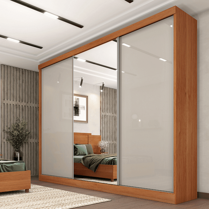 Guarda-Roupa Casal 100% MDF Com Espelho 3 Portas de Correr 6 Gavetas Tcil Móveis Milão Cinamomo/Off White