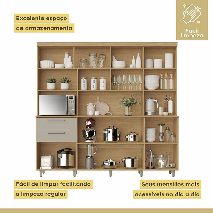Kit Cozinha Compacta Nesher Nobreza 7 Portas 2 Gavetas 210cm – Carvalho/Greige