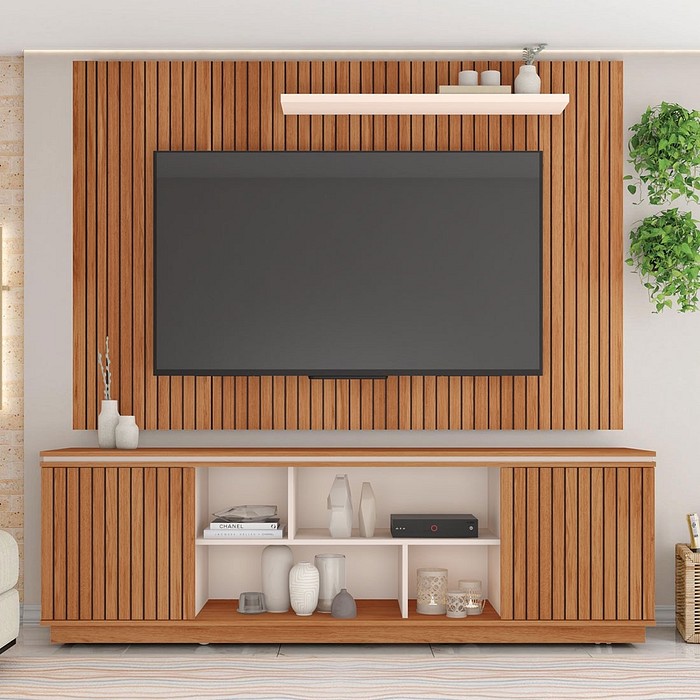 Rack com Painel para TV Até 75 Polegadas Simetria 2 Portas Frisado Freijo/Off White - Caemmun