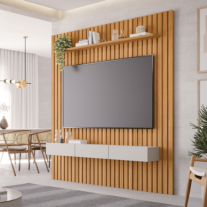 Painel Ripado para TV 65 Polegadas em MDF Permóbili Maragogi 185cm Nature/Off White