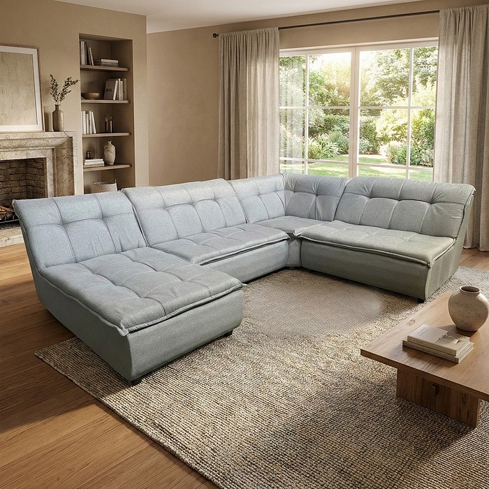 Sofá de Canto Vivace com Chaise 4 Peças Tecido Linho - Cinza Claro