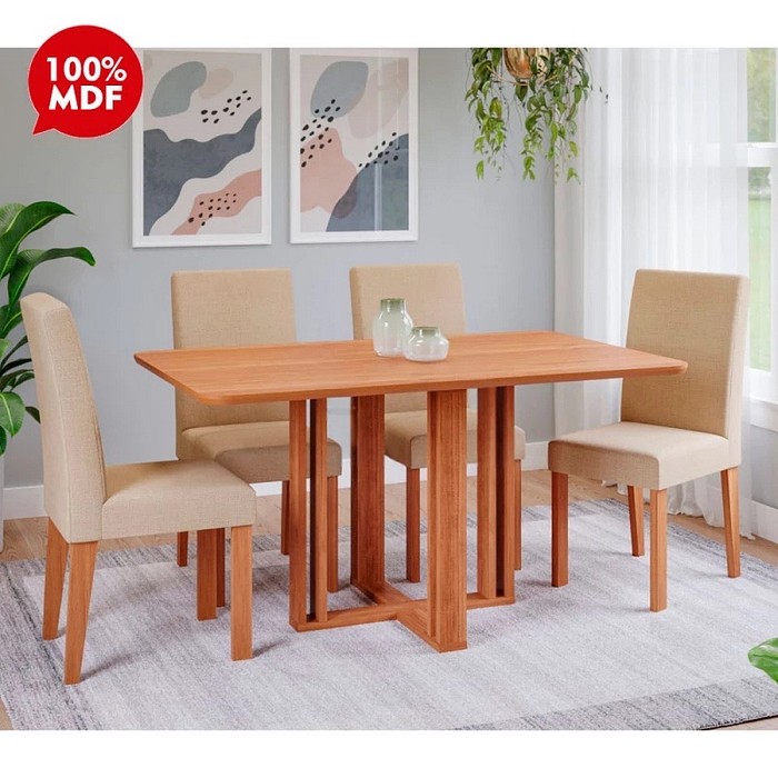 Conjunto Mesa Flora 130X80 Retangular Sem Vidro com 4 Cadeiras Cimol Cinamomo/Gengibre