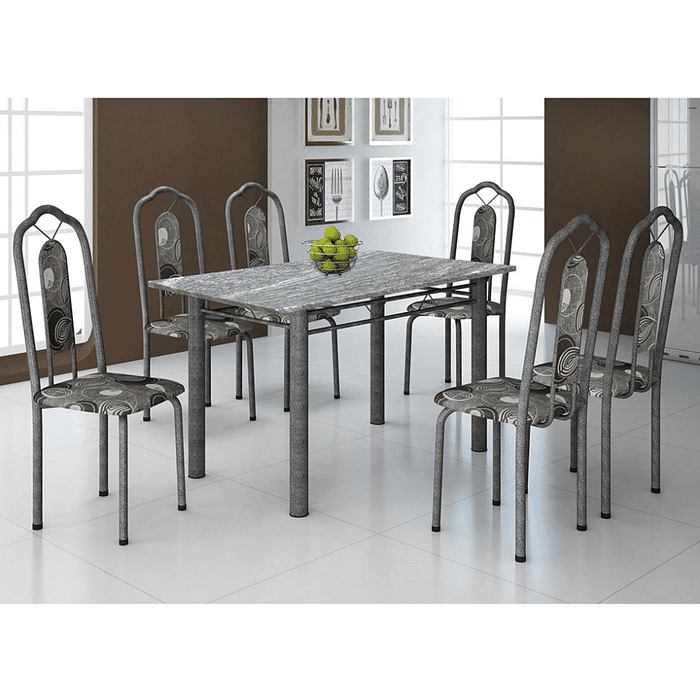 Mesa de Aço Martelado Bianca 010 com 6 cadeiras, Tampo Granito - Soma