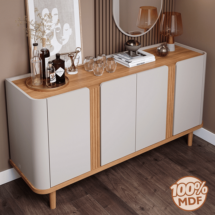 Buffet para Sala 4 Portas em MDF Eva Cimol Off White com Nature