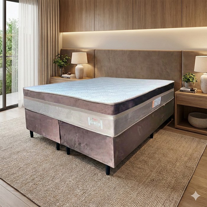 Cama Box Queen (Colchão + Base) Grécia 158x198 Molas Ensacadas Topázio