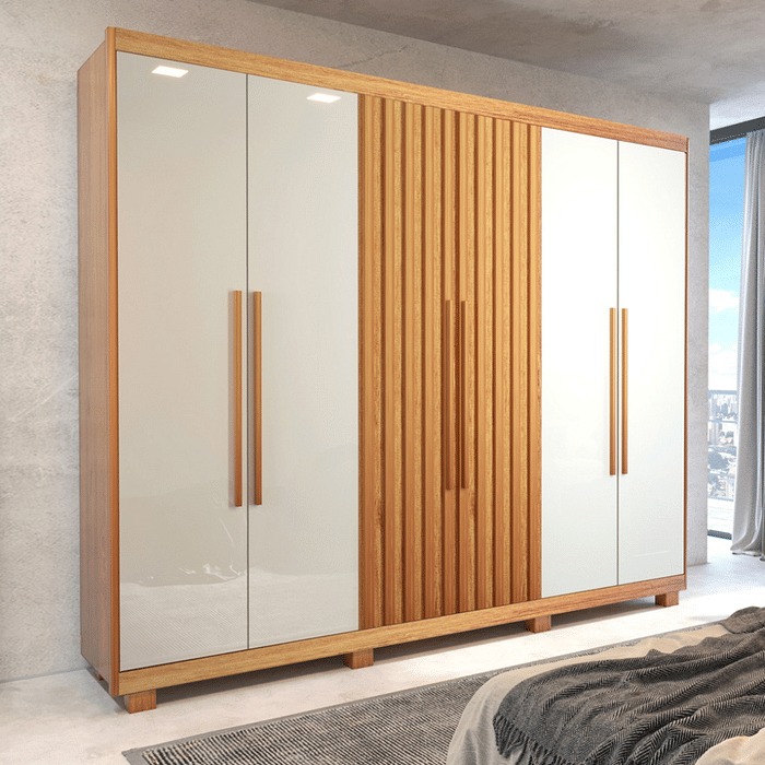Guarda Roupa Casal Divine Plus 06 portas 100% MDF Naturalle/Off White Ripado - Bom Pastor