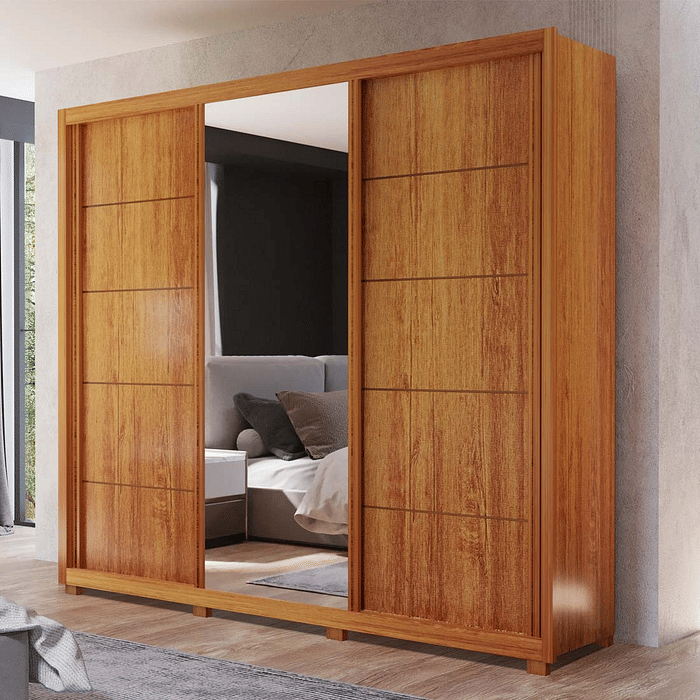 Guarda-Roupa Big 2.7 Anna Euro 100% MDF, com Espelho, 3 portas de correr, Naturall - Bom Pastor