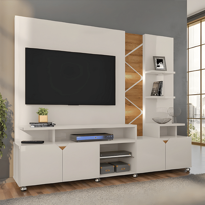 Estante Home Para TV 55 Polegadas com LED e Rodízios Lukaliam Cross Off White/Amêndoa 