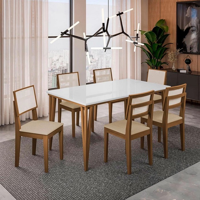 Conjunto Mesa 6 Cadeiras Safira 160x90cm Dobue - Imbuia/Branco Off - Tampo MDF/Vidro - Cadeira Estofada Linho Areia