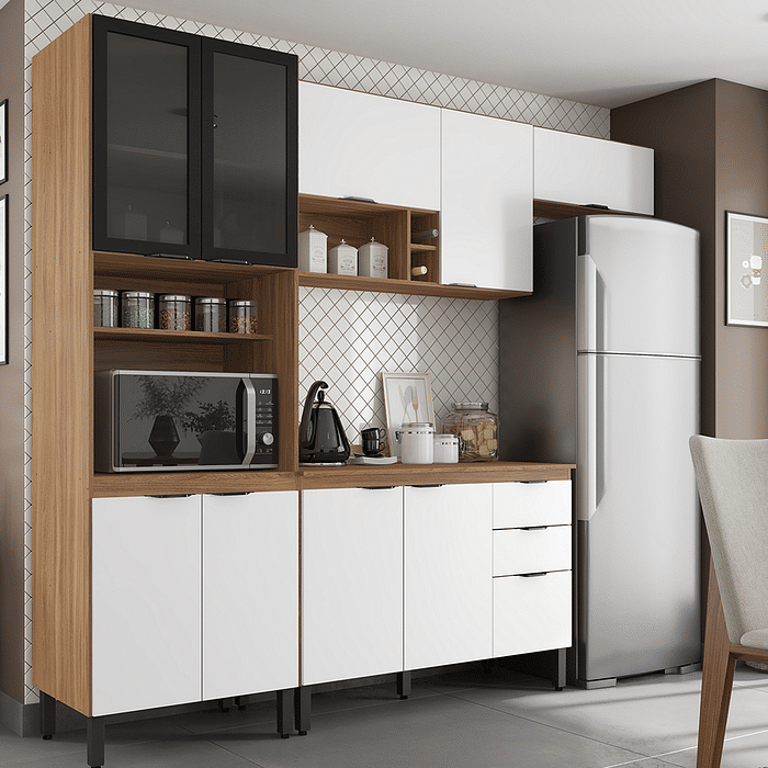 Cozinha Firenze 4 módulos com Vidro Amendoa com Branco - Demobile