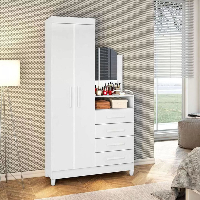 Cômoda para Quarto com Espelho 4 Gavetas 2 Portas Albatroz Capri Branco/Quadriflex