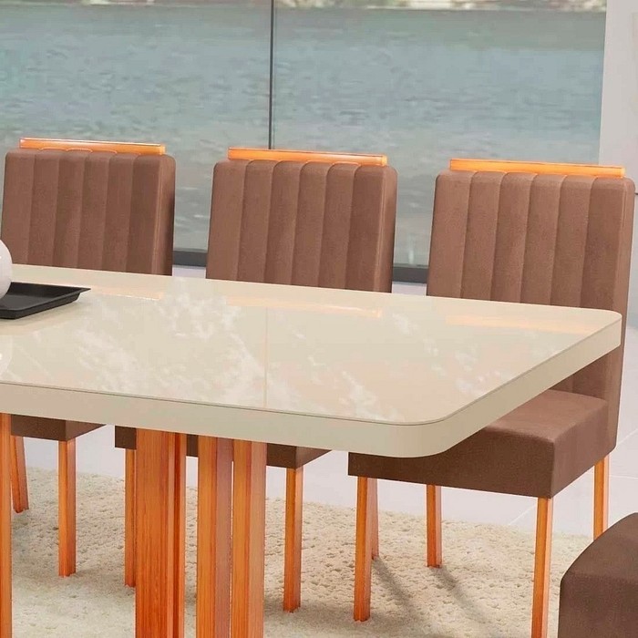 Mesa de Jantar Sentra 160x80 Tampo com Vidro, 06 cadeiras Nature/T3010 - Bom Pastor 