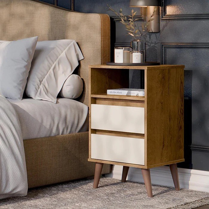 Mesa de Cabeceira 2 Gavetas Retrô Roma Freijo/Off White – EJ Móveis