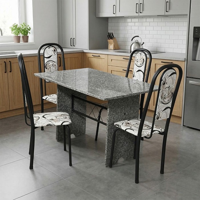 Conjunto Mesa 4 Cadeiras Tubular Lavínea 120x75cm - Preto - Tampo e Pés em Granito