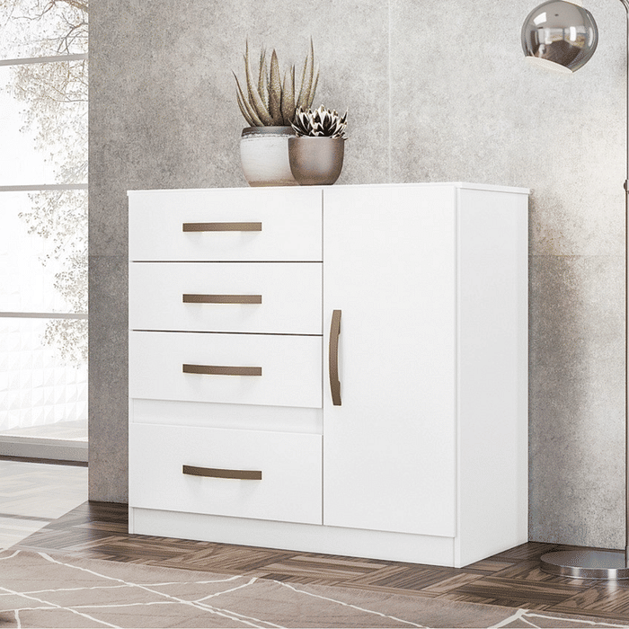 Cômoda para Quarto Com 4 Gavetas 1 Porta Moval Vênus Flex Branco/Rosa/Lilás