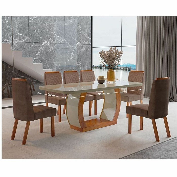 Conjunto Mesa Vigor 180x90 Luxo com 6 cadeiras Nature com Off White - Bom Pastor