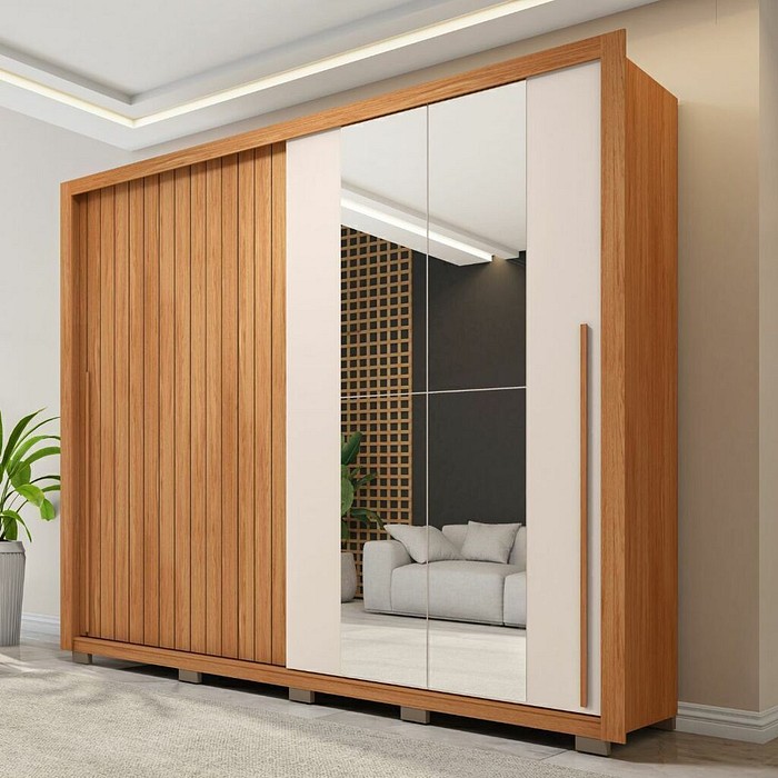 Guarda-Roupa Casal 100% MDF Moviment 2 Portas 4 Gavetas com Espelho Freijó/Off White - Caemmun